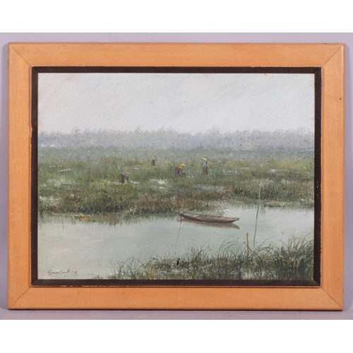 728 - Samsak Chowtadapong, Eastern workers in the fields, oil on canvas, signed, 30cm x 40cm, framed