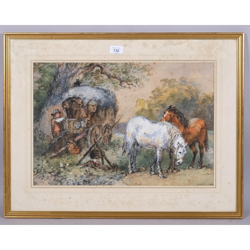 732 - E L Herring, gypsy encampment, watercolour, signed and dated 1880, 34cm x 50cm, framed