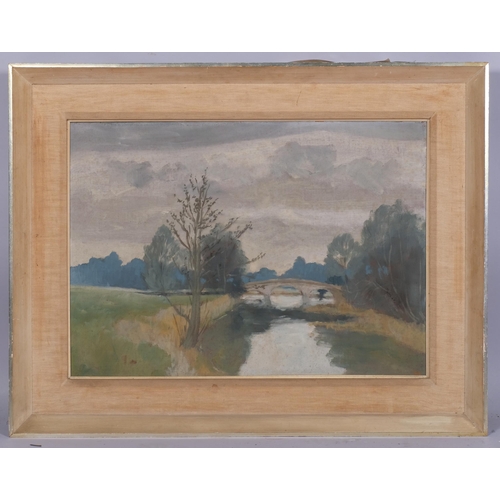 735 - James Page-Roberts, a stretch of the Loddon, oil on board, 41cm x 56cm, framed, together with Exhibi... 