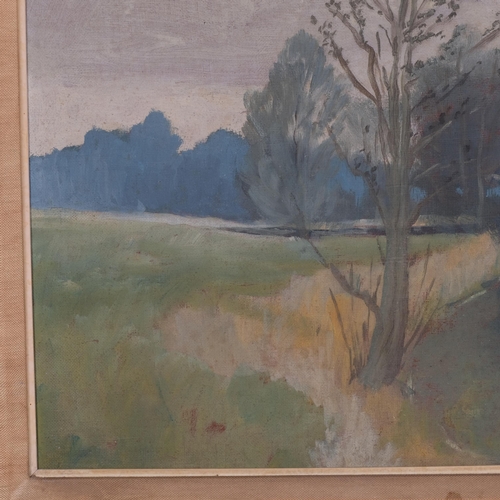 735 - James Page-Roberts, a stretch of the Loddon, oil on board, 41cm x 56cm, framed, together with Exhibi... 