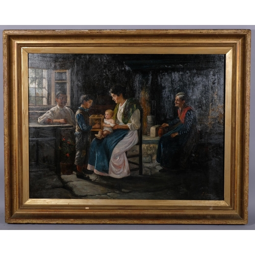 737 - F Pappacena, Italian cottage interior scene, large oil on canvas, signed, 76cm x 102cm, framed