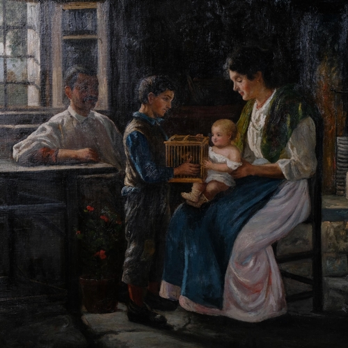 737 - F Pappacena, Italian cottage interior scene, large oil on canvas, signed, 76cm x 102cm, framed