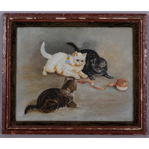 744 - 19th century painting on glass, study of 3 kittens with an apple, unsigned, 30cm x 37cm, framed