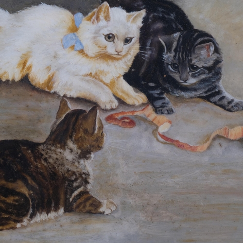 744 - 19th century painting on glass, study of 3 kittens with an apple, unsigned, 30cm x 37cm, framed