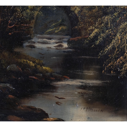 798 - J Alexander, pair of Highland stream scenes, oils on canvas, signed, 30cm x 20cm, unframed