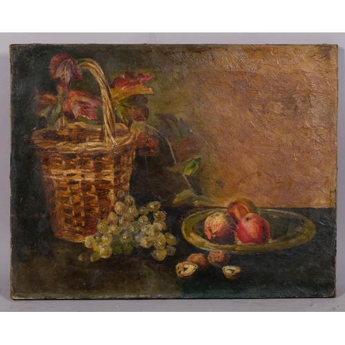 799 - Still life study basket and fruit, 19th century oil on canvas, unsigned, 35cm x 46cm, unframed