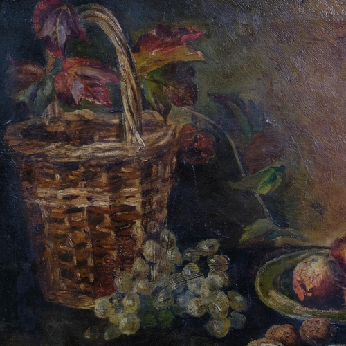 799 - Still life study basket and fruit, 19th century oil on canvas, unsigned, 35cm x 46cm, unframed