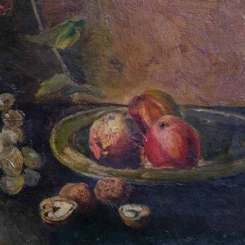 799 - Still life study basket and fruit, 19th century oil on canvas, unsigned, 35cm x 46cm, unframed