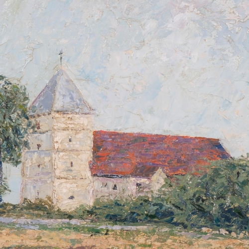 801 - Impressionist view of a church, oil on canvas, indistinctly signed, 40cm x 44cm, framed