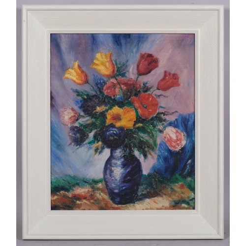 802 - Still life vase of flowers, contemporary impressionist oil on canvas, unsigned, 40cm x 32cm, framed