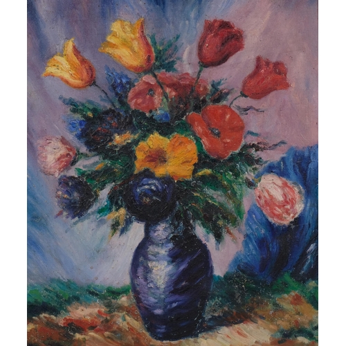 802 - Still life vase of flowers, contemporary impressionist oil on canvas, unsigned, 40cm x 32cm, framed