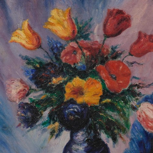 802 - Still life vase of flowers, contemporary impressionist oil on canvas, unsigned, 40cm x 32cm, framed