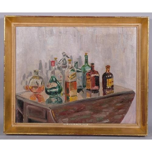 803 - The minutes of the meeting, still life, oil on board, 1956, monogram verso BDB, 40cm x 51cm, framed