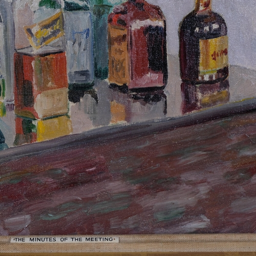 803 - The minutes of the meeting, still life, oil on board, 1956, monogram verso BDB, 40cm x 51cm, framed