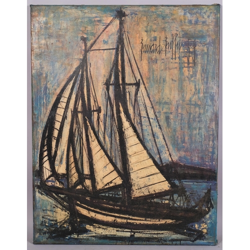 804 - After Bernard Buffet, mid-20th century print on canvas, sailing boats, 1959, 79cm x 61cm, unframed