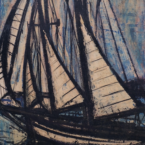 804 - After Bernard Buffet, mid-20th century print on canvas, sailing boats, 1959, 79cm x 61cm, unframed