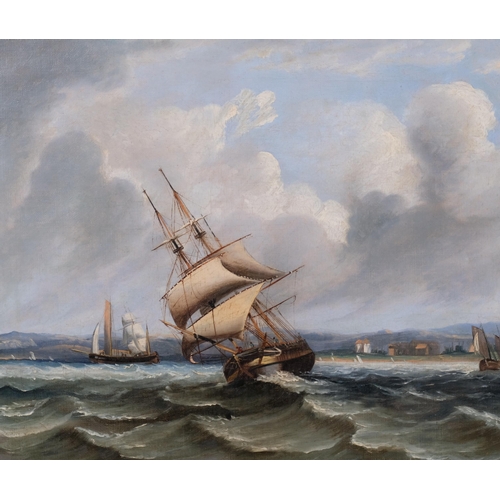 806 - Shipping off the coast, 19th century oil on canvas, unsigned, 30cm x 41cm, framed