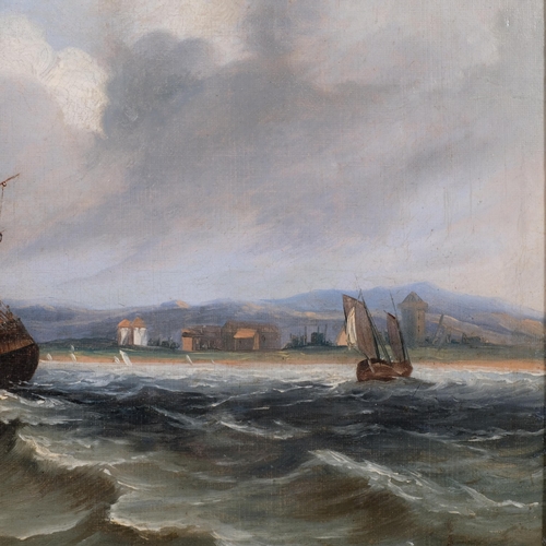 806 - Shipping off the coast, 19th century oil on canvas, unsigned, 30cm x 41cm, framed