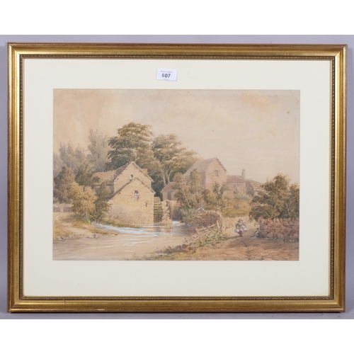 807 - 19th century English School, old watermill, watercolour, unsigned, 32cm x 46cm, framed