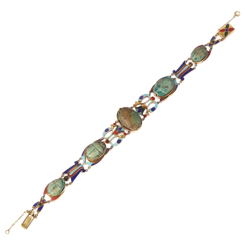 1100 - A Victorian Egyptian Archaeological Revival scarab beetle bracelet, circa 1880, set with graduated f... 