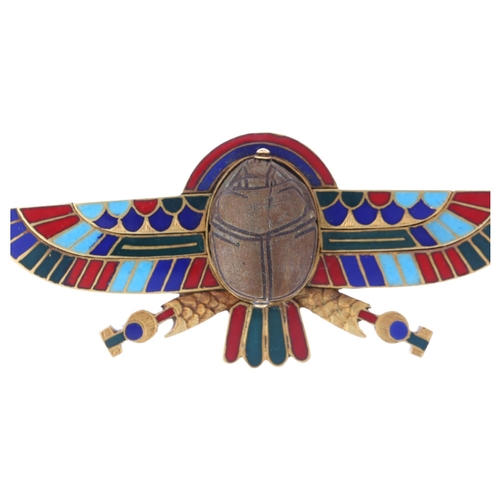 1101 - A Victorian Egyptian Archaeological Revival winged scarab beetle phoenix brooch, circa 1880, the cen... 