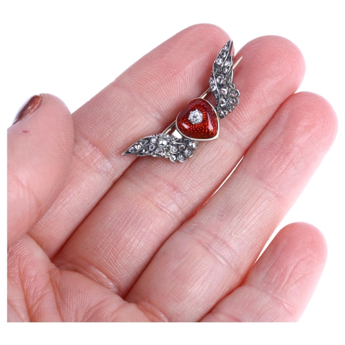 1102 - A 19th century red enamel and diamond heart wings brooch, circa 1890, central red and white enamel h... 