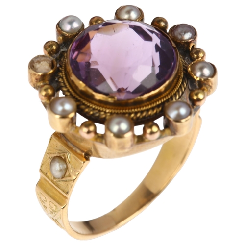 1105 - A large 19th century amethyst and pearl openwork ring, circa 1820, central rub-over set round-cut am... 