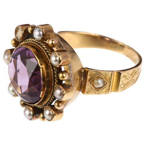 1105 - A large 19th century amethyst and pearl openwork ring, circa 1820, central rub-over set round-cut am... 