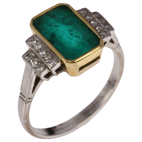 1108 - An Art Deco style emerald and diamond dress ring, mid-20th century, rub-over set with 1.9ct octagona... 