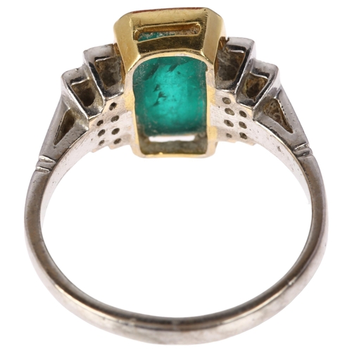 1108 - An Art Deco style emerald and diamond dress ring, mid-20th century, rub-over set with 1.9ct octagona... 