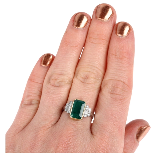 1108 - An Art Deco style emerald and diamond dress ring, mid-20th century, rub-over set with 1.9ct octagona... 