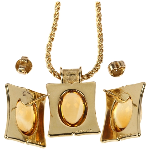 1112 - BOODLES - an 18ct gold citrine pendant necklace and earring set, maker B&D, London 1998, rub-over se... 