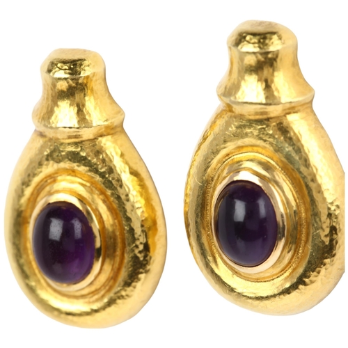 1113 - ILIAS LALAOUNIS - a pair of Greek 18ct gold amethyst earrings, circa 1960s, teardrop form with plani... 