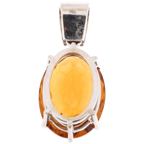 1114 - An 18ct white gold citrine and diamond drop pendant, set with oval rose-cut citrine and modern round... 