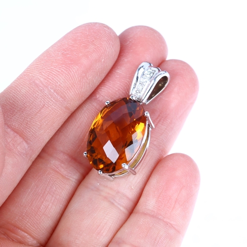 1114 - An 18ct white gold citrine and diamond drop pendant, set with oval rose-cut citrine and modern round... 