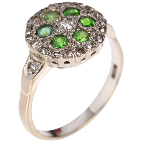 1115 - A late 20th century 18ct gold green stone, demantoid garnet and diamond circular cluster ring, maker... 