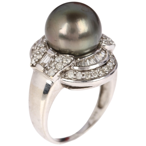 1117 - A modern 14ct white gold grey Tahitian pearl and diamond cluster cocktail ring, in Art Deco style, c... 