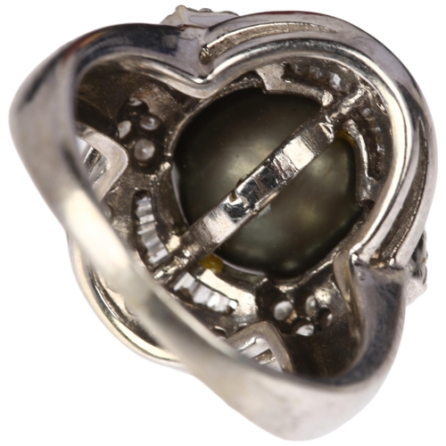 1117 - A modern 14ct white gold grey Tahitian pearl and diamond cluster cocktail ring, in Art Deco style, c... 