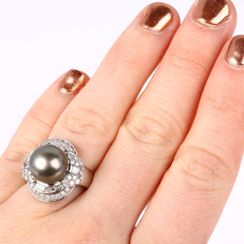 1117 - A modern 14ct white gold grey Tahitian pearl and diamond cluster cocktail ring, in Art Deco style, c... 