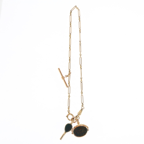 1118 - An early 20th century 9ct gold fancy bar link Albert chain necklace, with 9ct bloodstone spinner fob... 