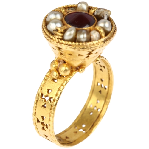 1121 - An early Medieval Byzantine Ecclesiastical gold red spinel and pearl bishop's ring, circa 600-800 AD... 