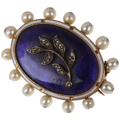 1123 - CHILD & CHILD - a rose gold enamel pearl and diamond floral mourning brooch, circa 1900, the central... 