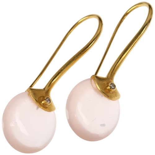 1128 - AMRAPALI - a pair of 18ct gold pink moonstone and diamond earrings, with shepherd hook fittings, uns... 