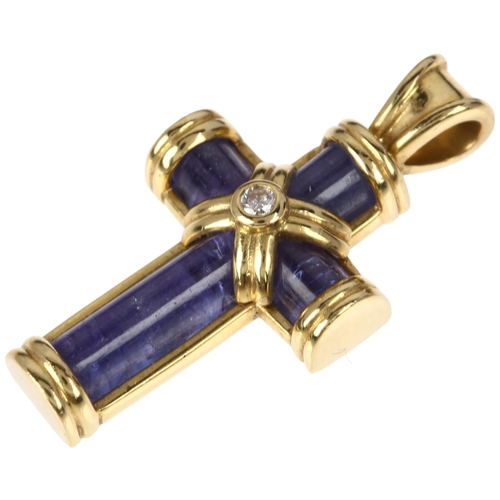 1129 - THEO FENNELL - an 18ct gold tanzanite and diamond cross pendant, maker TF, London 2001, set with cyl... 