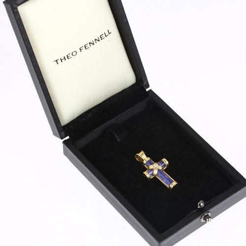 1129 - THEO FENNELL - an 18ct gold tanzanite and diamond cross pendant, maker TF, London 2001, set with cyl... 