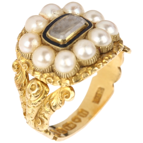 1133 - An early 19th century 18ct gold black enamel split pearl and hairwork mourning ring, maker WE, Londo... 