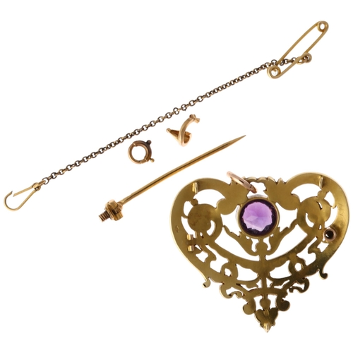 1135 - A French 18ct gold amethyst openwork pendant/brooch, circa 1900, pierced and relief foliate scrollwo... 