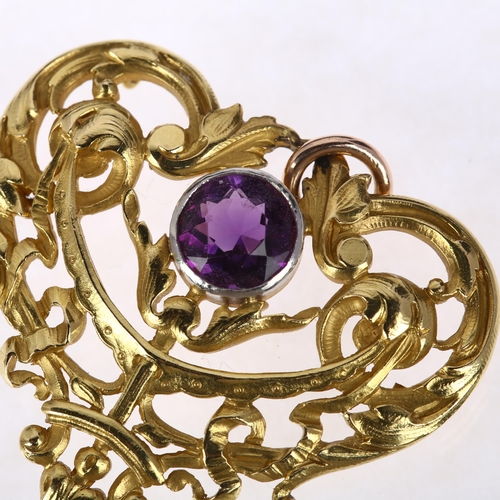 1135 - A French 18ct gold amethyst openwork pendant/brooch, circa 1900, pierced and relief foliate scrollwo... 