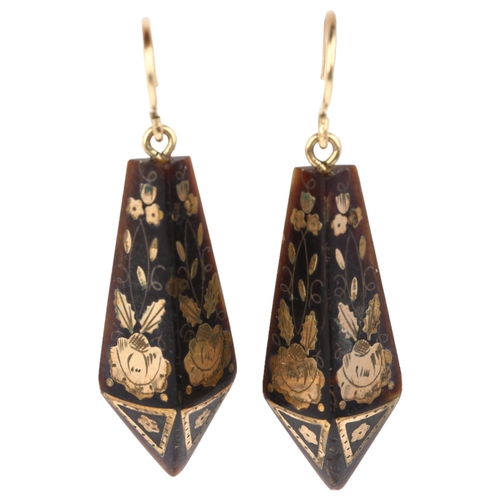 1144 - A pair of Victorian gold and silver pique inlaid tortoiseshell drop earrings, circa 1870, the half t... 