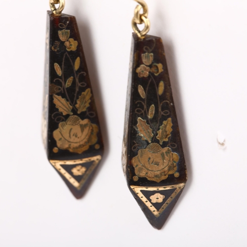 1144 - A pair of Victorian gold and silver pique inlaid tortoiseshell drop earrings, circa 1870, the half t... 